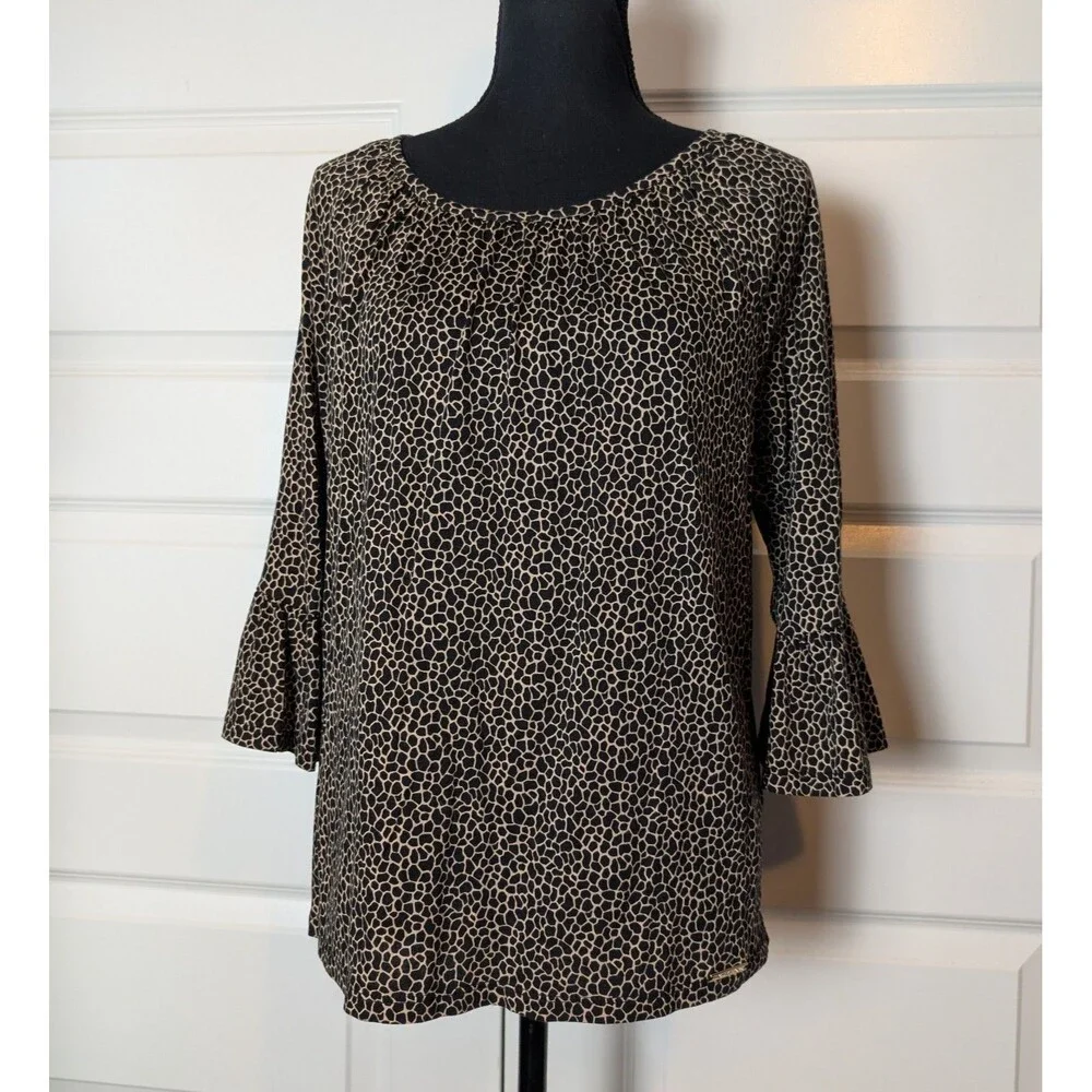 Michael Kors Size M Blouse Micro-Giraffe 3/4 Sleeve Bell Cuff Flowy Designer